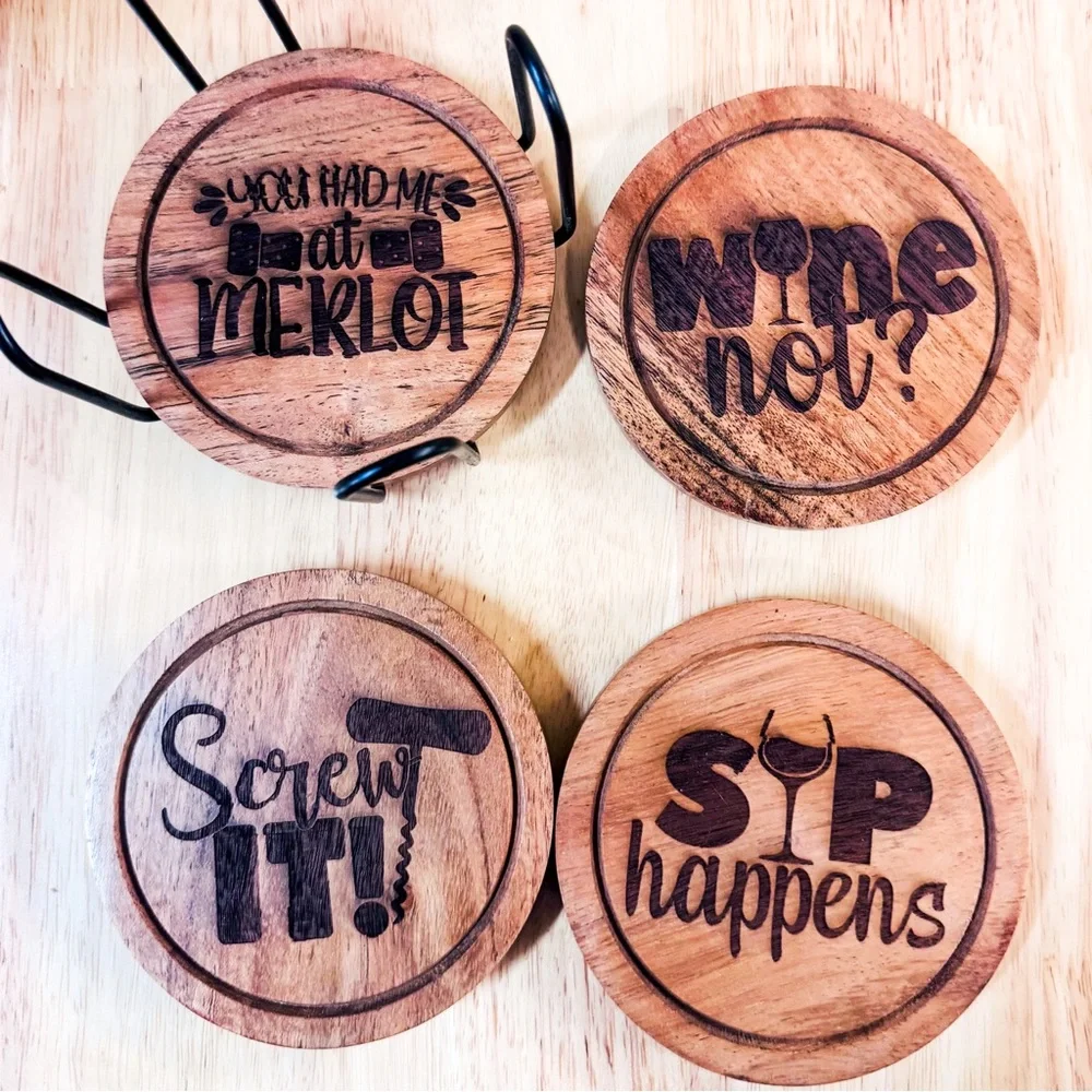Rustic Wooden Coaster Set – Funny Wine Quotes Engraved with Holder